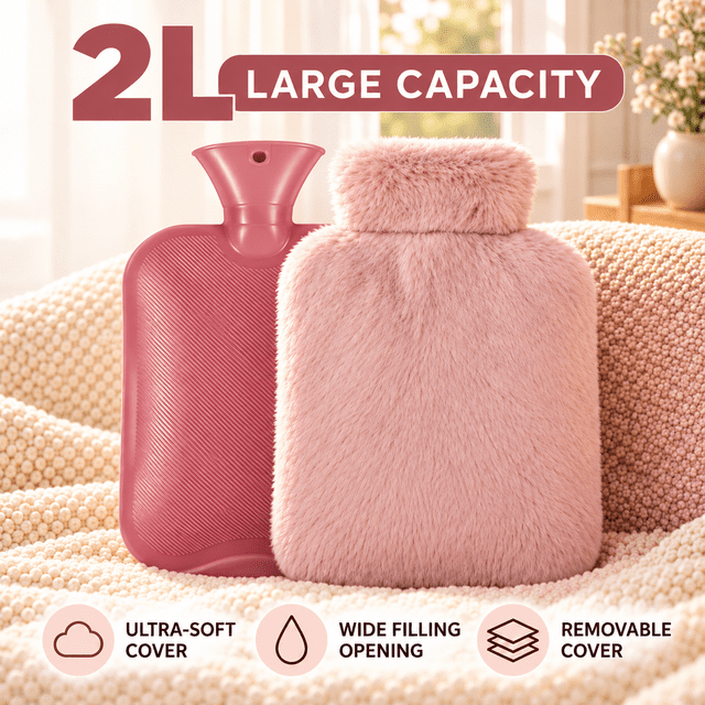 Hot Water Bottle with Soft Plush Cover, 2 Liter Rubber Hot Water Bag ...