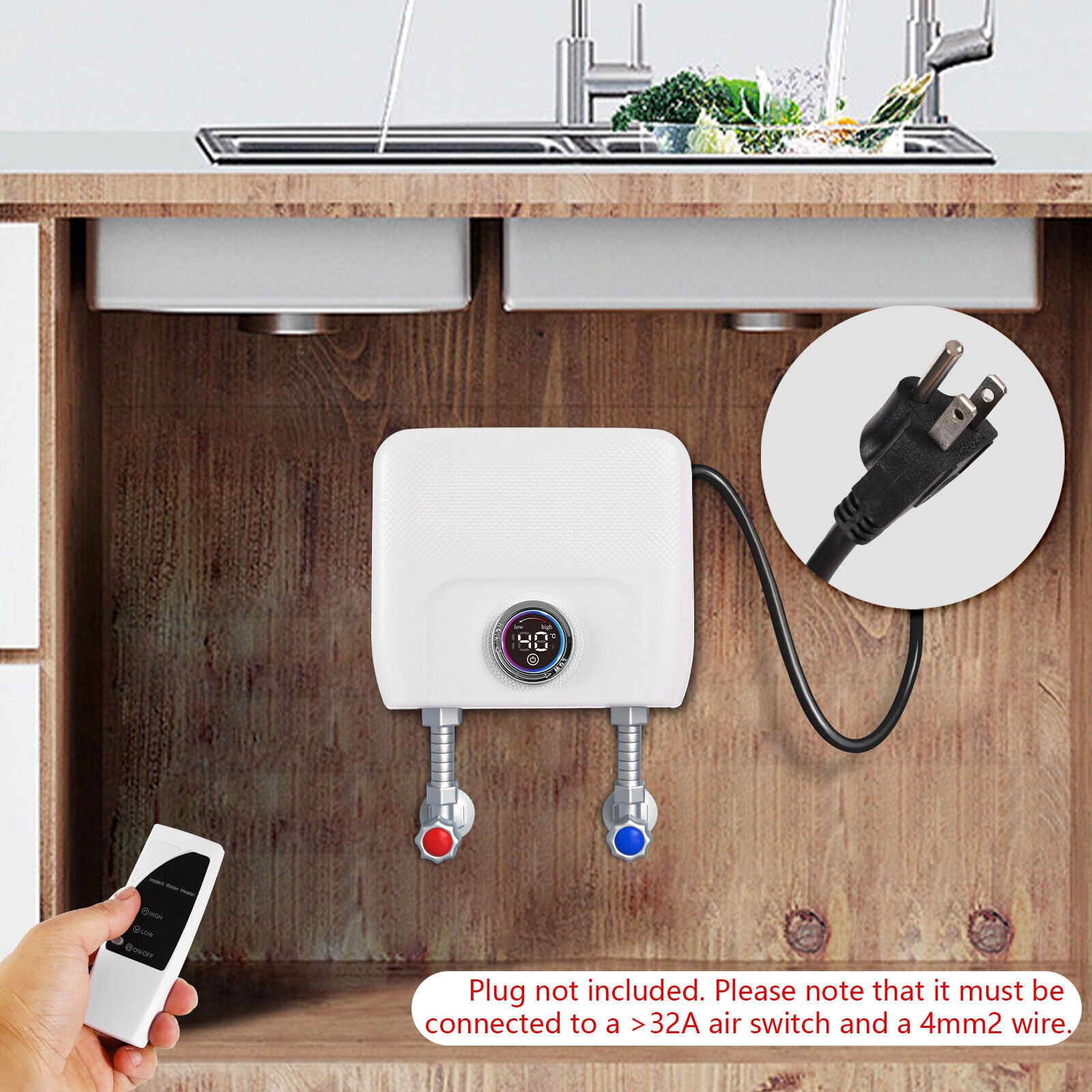 Hot Water Heater, Instant Hot Water Heater Modern White Electric Water Heater, AC110V, 50-60HZ 3000W Knob + Remote Control
