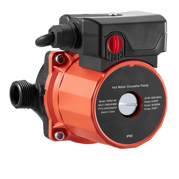 Hot Water Recirculating Pump 10 GPM - Instant Circulation System, 3-Speed, 110-120V, 3/4" to 1/2" Adapter, Cast Iron - for Water Heater & Home Systems