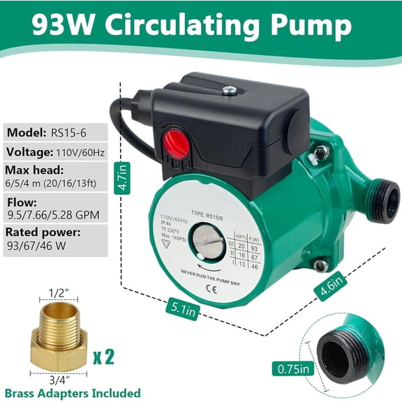 Hot Water Recirculating Pump, 110V 93W Circulation Pump NPT 3/4" w/NPT 1/2" Adapter, 3 Speed Control Hot Water Pump for House Heating System