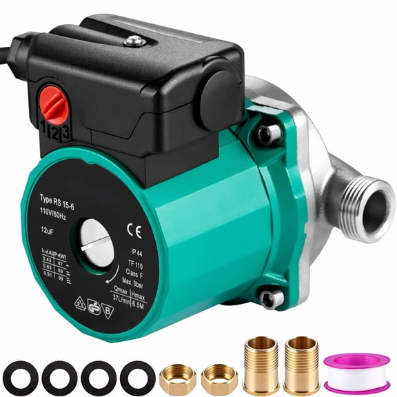 Hot Water Recirculating Pump, 93W, 110V Water Circulator Pump, Circulation Pump, 3/4 G Thread to 1/2 NPT Brass Adapter, Stainless Steel Head, 3 Speed Control for Electric Water Heater System