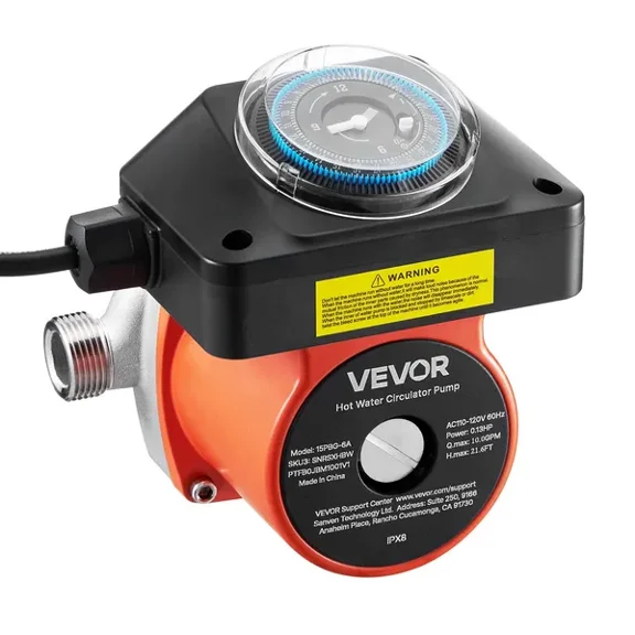 Hot Water Recirculating Pump Kit with Timer 10 GPM Instant Circulation System 0.13 HP AC 110-120V NPT 3/4 in to 1/2 in Connector for Solar Water Heater