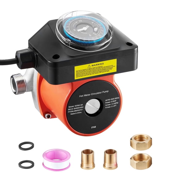 Hot Water Recirculating Pump Kit with Timer,10 GPM Flow Rate,0.13 HP AC 110-120V,3/4" to 1/2" NPT Fittings,Instant Hot Water System for Solar Heaters