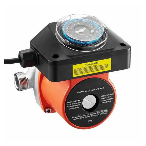 Hot Water Recirculating Pump with Timer & Bypass Valve - Instant Hot Water System - 0.13 HP 110-120V - Stainless Steel - for Tank/Tankless Water Heaters