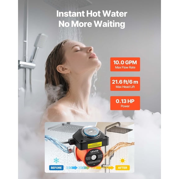 Hot Water Recirculating Pump,with Bypass Valve,Instant Recirculation Pump Kit with Timer,Adapter,Circulation Circulator System,Stainless Steel Head,0.13 HP 110-120V,for Tank Water Heaters