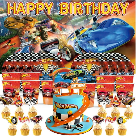 Hot Wheel Birthday Cups Party Supplies Decor Backdrop Plates Fans Decorations Banner