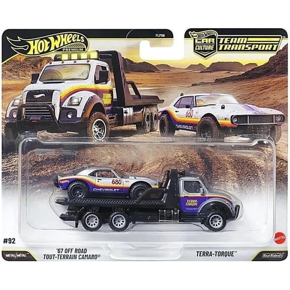Hot Wheel Premium Car Culture Team Transport '67 Off Road Chevrolet Camaro and Terra-Torque Flatbed Truck Die-Cast Metal 1:64 Scale Play Vehicle 2 Pack Set for Ages 3+ with Real Riders Tires FLF56