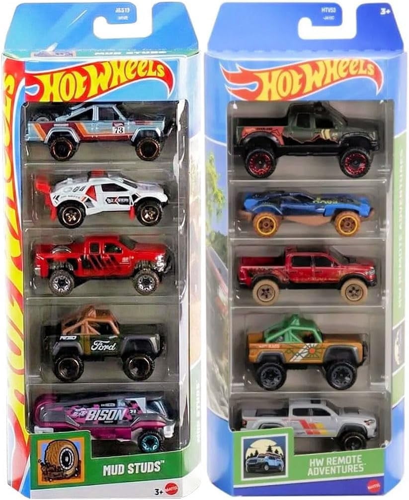 Hot Wheels 2 x 5-Pack Die-Cast Toy Cars, Mud Studs and HW Remote Adventures Themes, Ages 3+