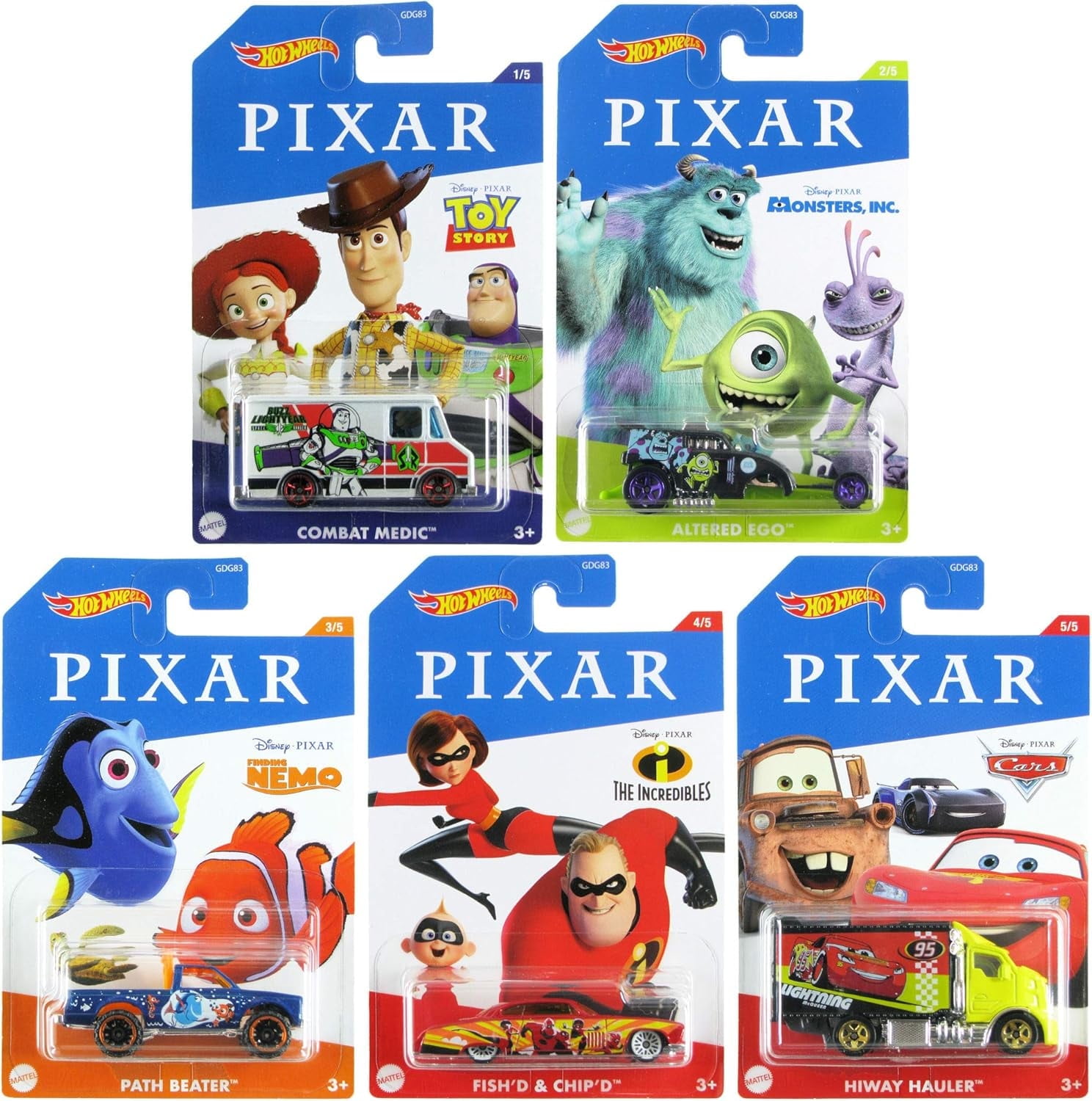 Hot Wheels 2020 Bundle of 5 Disney Pixar Toy Story, Monster's Inc, Finding Nemo, Incredibles, Cars