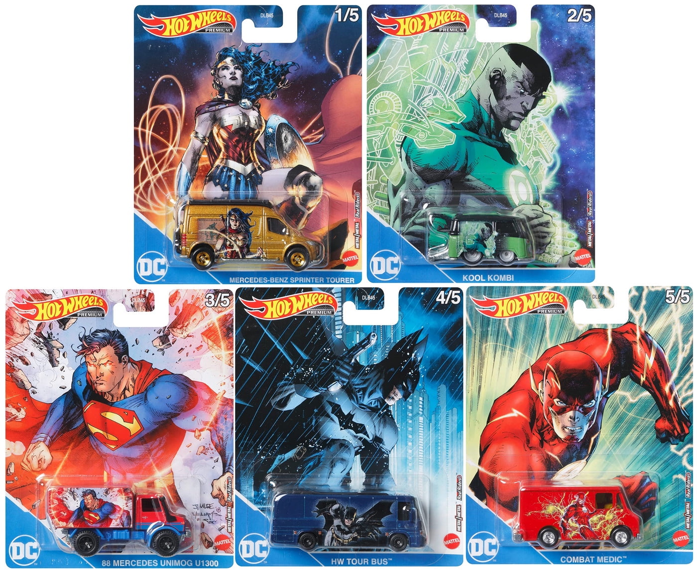 Hot Wheels 2022 Pop Culture Dash M "DC Universe" Set of 5, 1/64 Diecast Cars