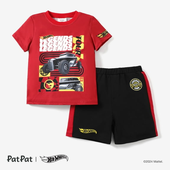 Hot Wheels 2pcs Kid Boys Racecar Color Block Print T-shirt with Knit Shorts Sporty Set Sizes 2-6