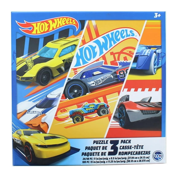 Hot Wheels 3 Pack Kids Puzzles (1X24PC, 1X 48PC, 1X100PC) , Blue