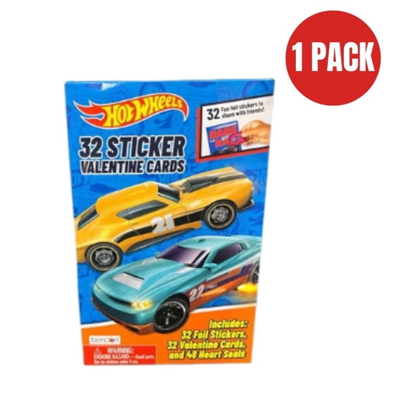 Hot Wheels 32 Sticker Valentine Cards for Kids Classroom Exchange, Includes 32 Foil Stickers & 48 Heart Seals, BONUS LaPrima Morceau Bonbon