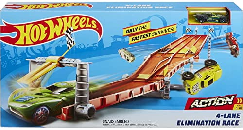 Hot Wheels Toy Car Track Set, 4-Lane Elimination Race with Fair-Start Launcher & 1 Toy Car in 1:64 Scale