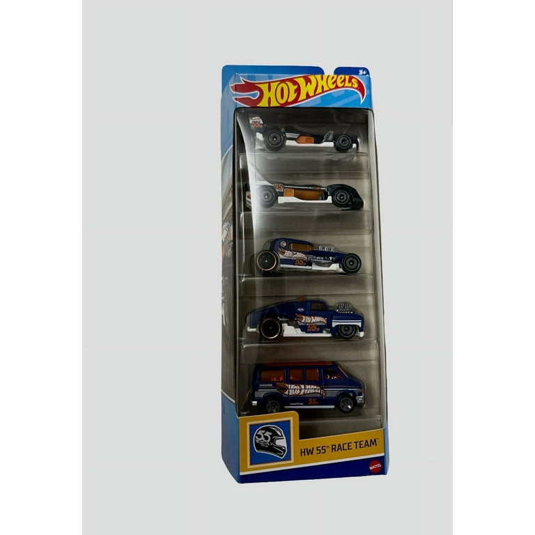 Hot Wheels 5 Pack HW 55th Race Team with Treasure Hunt 55th Anniversary Edition Free Bonus Sticker Blue