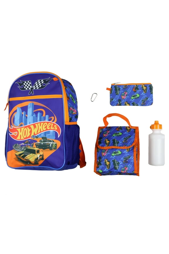 Hot Wheels 5 Piece Backpack Race Car Design Tote Bag Set 16"