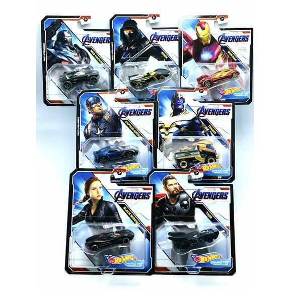 Hot Wheels AVENGERS Set of 7 Diecast Character Cars Captain America,Iron Man,Thor, Black Widow,Ronin, Thanos,War Machine