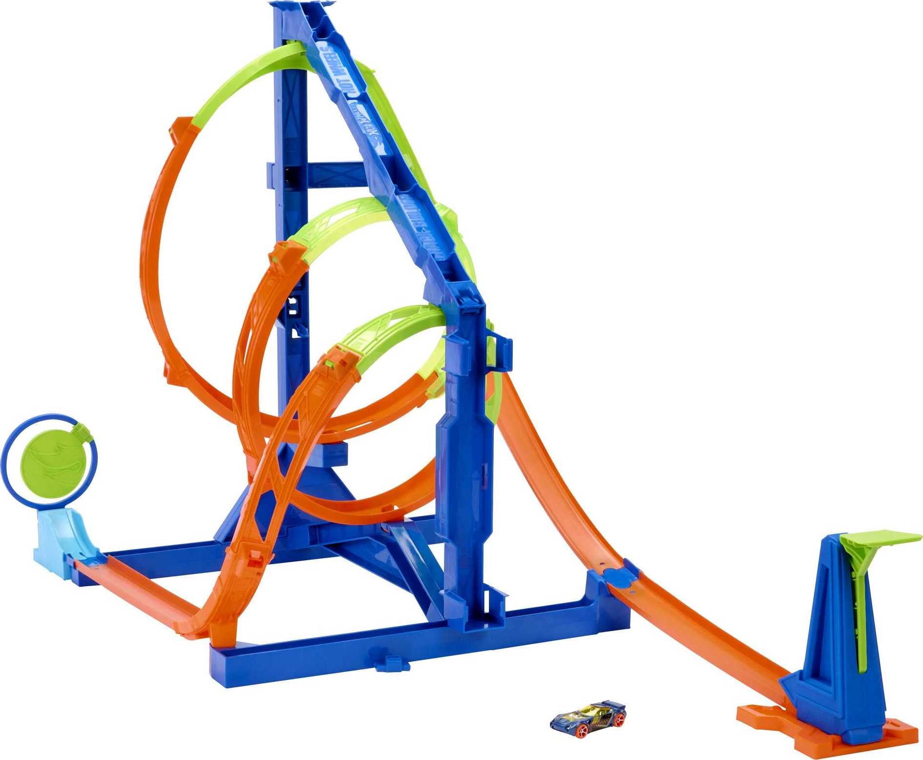 Hot Wheels Track Set and Toy Car, Large-Scale Motorized Track with 3  Corkscrew Loops, 3 Crash Zones and Toy Storage ( Exclusive)