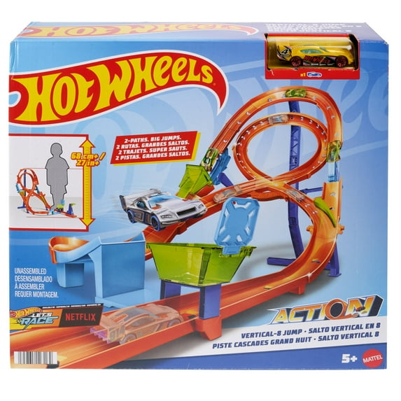 Hot Wheels Action Vertical-8 Jump Track Set with 1:64 Scale Toy Car, 2-ft Tall Track, 37.01 in
