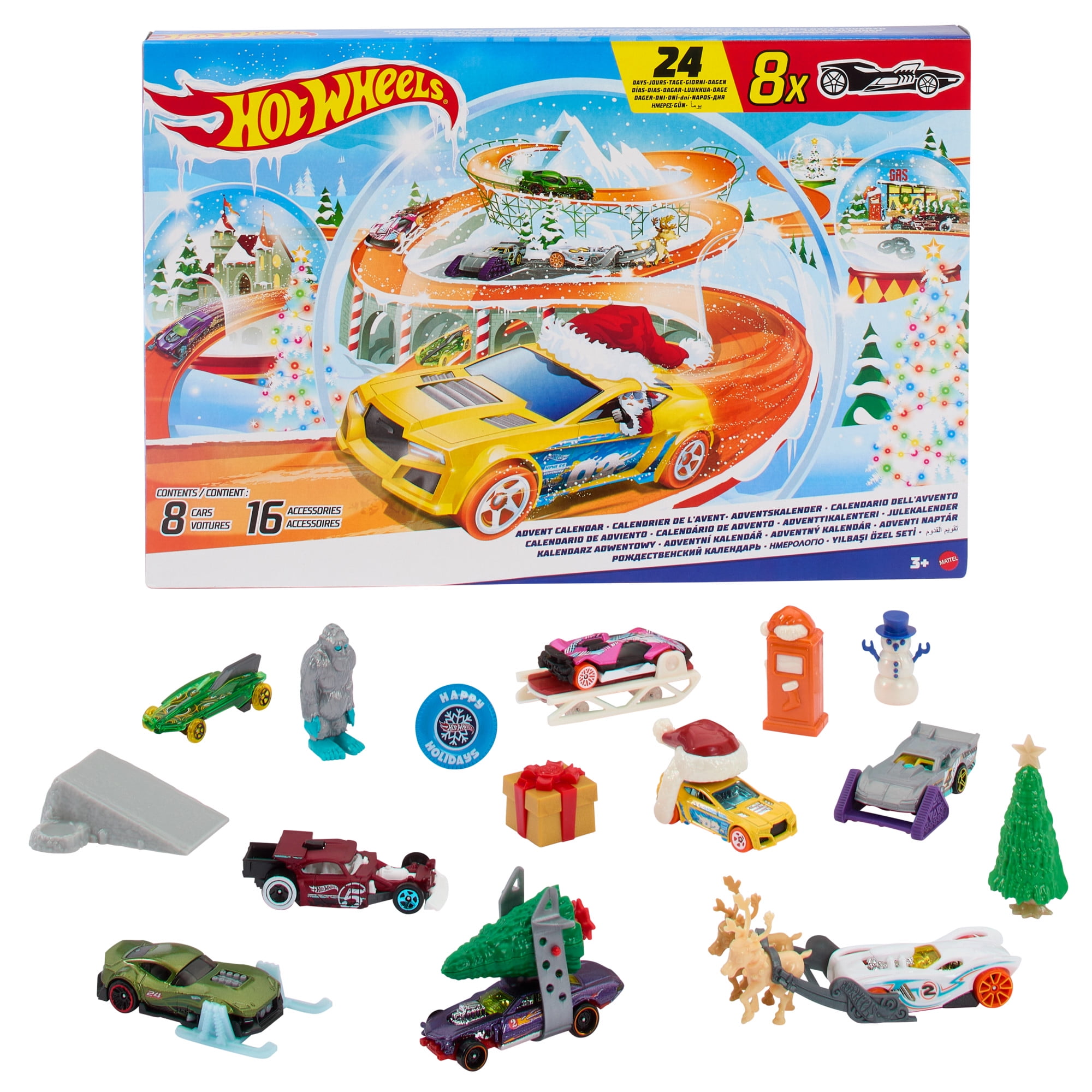 Hot Wheels Advent Calendar 2024, 8 Hot Wheels Toy Cars and 16 Accessories (24 Total Components)