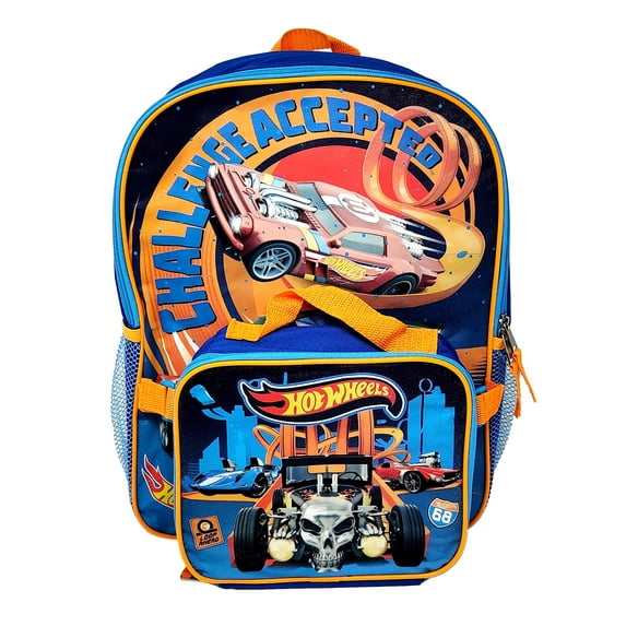 Hot Wheels Backpack 16" & Insulated Lunch Bag Detachable 2-Pcs Race Cars Boys