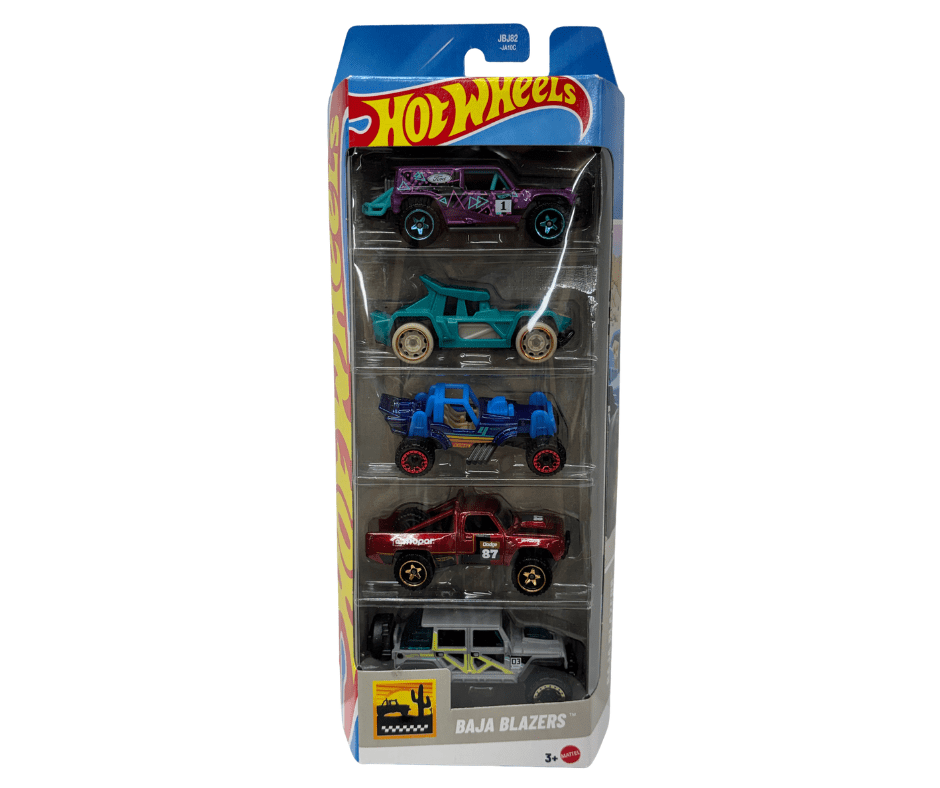 Hot Wheels Baja Blazers 5-Pack – 1:64 Scale Die-Cast Cars, Bull Whip, ’87 Dodge D100, Ford Bronco R, Mountain Mauler & ’17 Jeep Wrangler