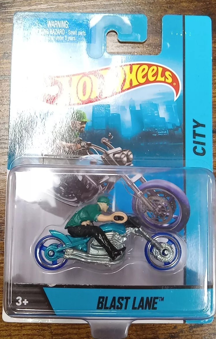 Hot Wheels Blast Lane Motorcycle with rider. City Blue and Green