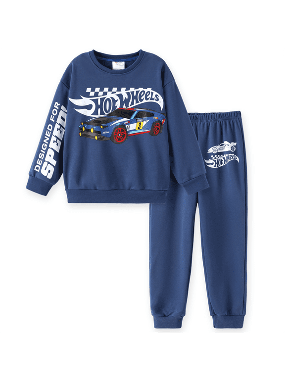 Boys 2-Piece Outfit Set Long Sleeve Sweatshirt and Jogger Pants Speed Car Graphic Tracksuit Boys clothes 7-8Y