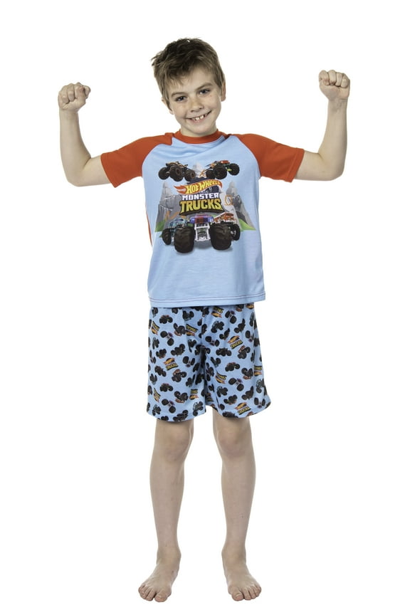 Hot Wheels Boys' Monster Trucks Toys Tossed Print Sleep Pajama Set Shorts