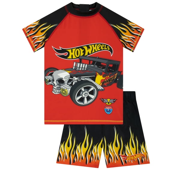 Hot Wheels Boys Rash Vest And Swim Shorts Red Sizes 6-14