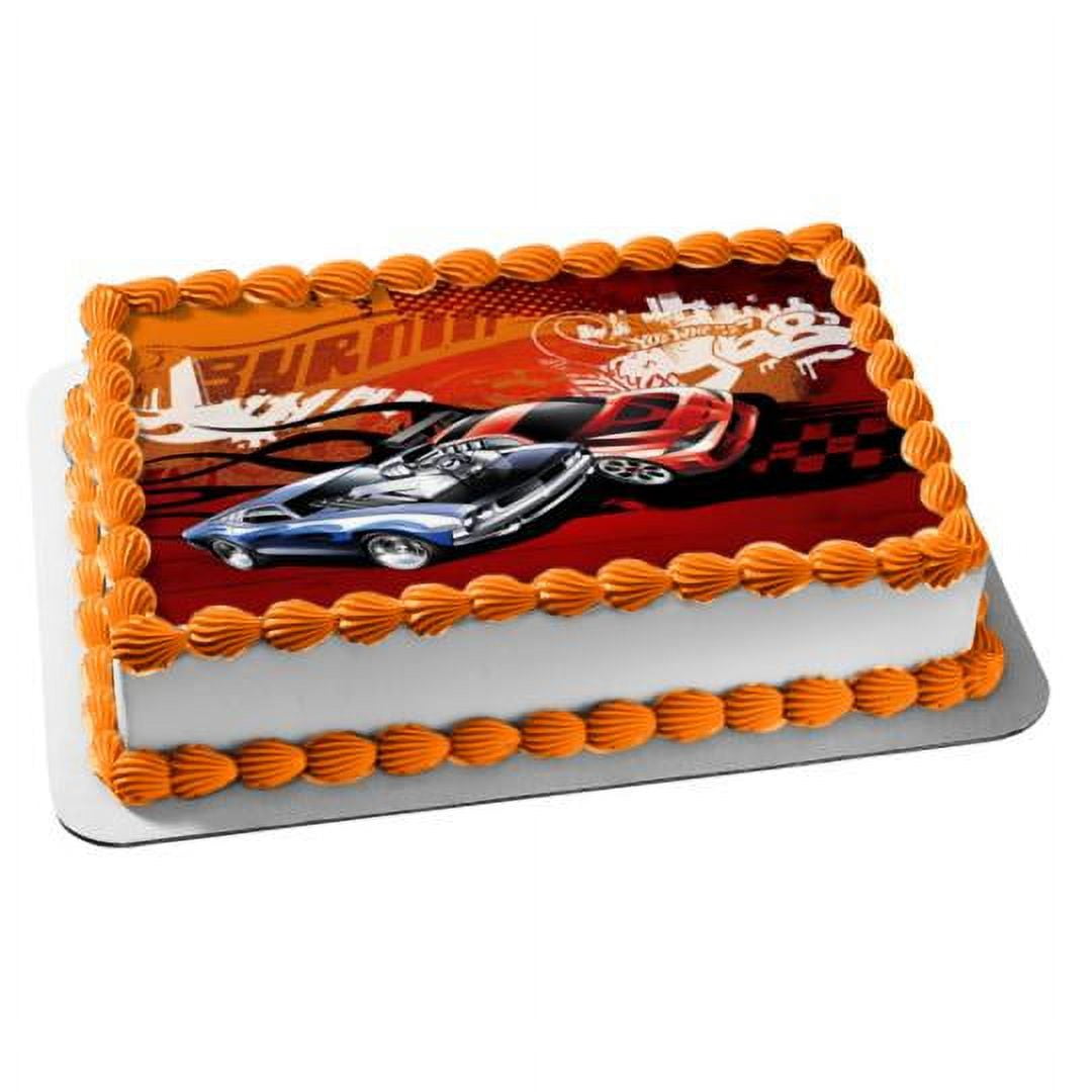Hot Wheels Burnin Two Race Cars Edible Cake Topper Image ABPID04301