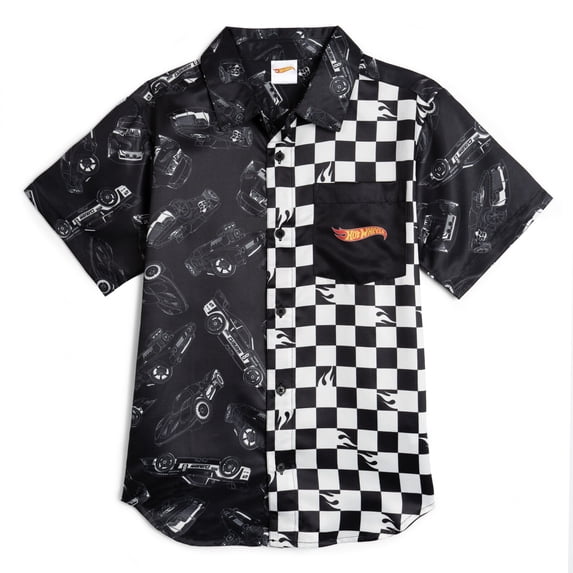 Hot Wheels Little Boys' Racing Button Down Shirt Black Checkerboard