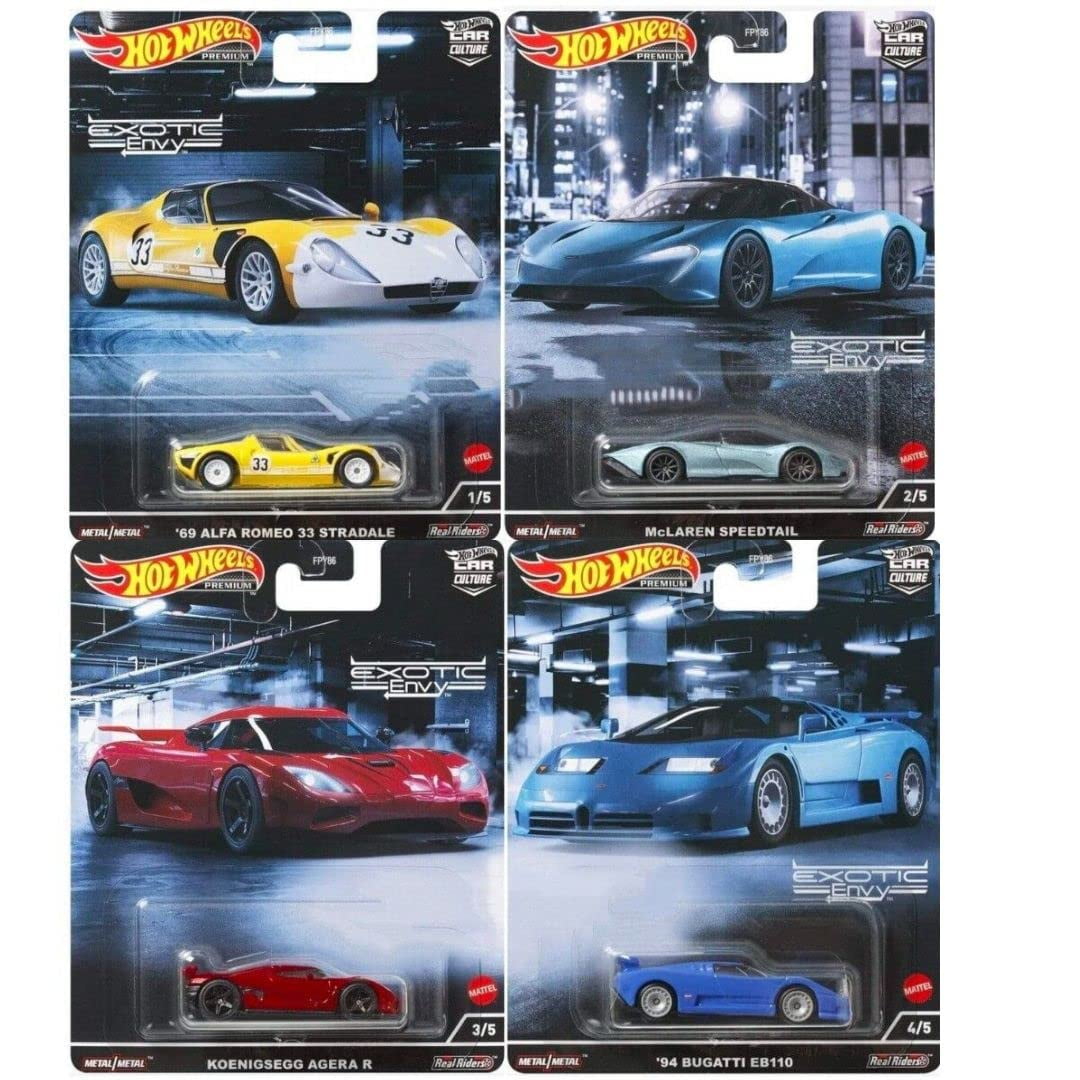 Hot Wheels Car Culture 2022 Exotic Envy 4‑Pack – Alfa Romeo 33 Stradale, McLaren Speedtail, Koenigsegg Agera R & Bugatti EB110 | FPY86‑957M | 1:64 Die‑Cast Collectible