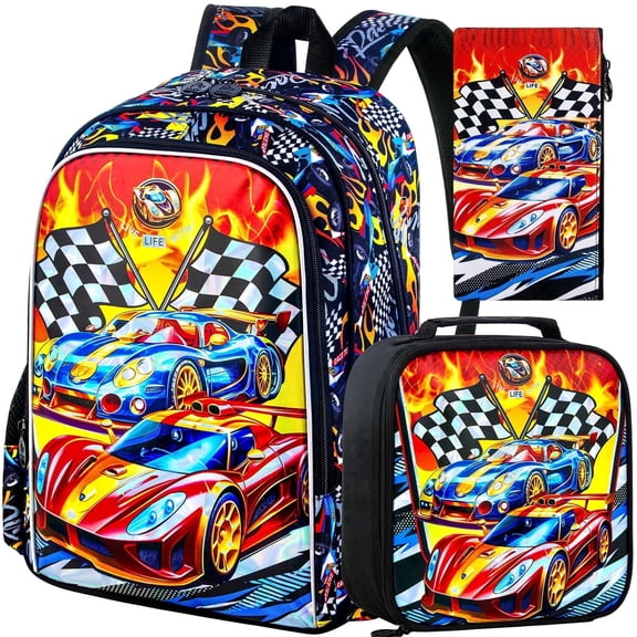 Cars Backpack Set for Boys, 3Pcs 16" School Bookbag with Lunch Box, Kids Backpack for Elementary Preschool Kindergarten