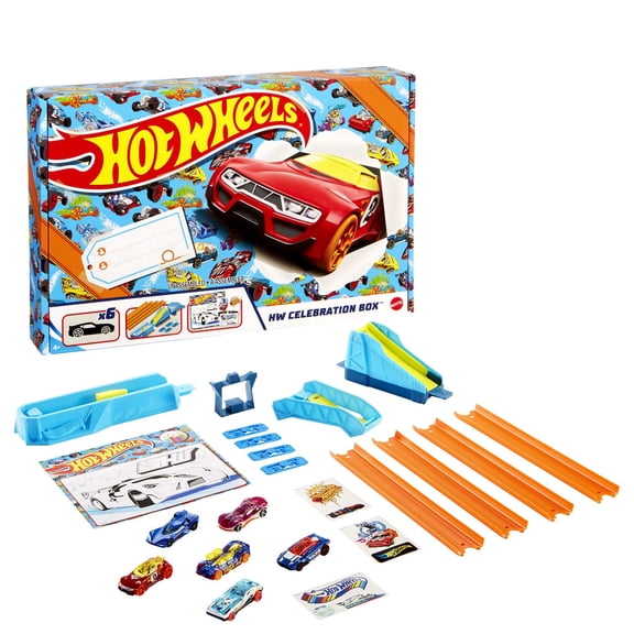 Hot Wheels Celebration Box Track Building Playset & Six 1:64 Scale Toy Cars (13 Pieces)