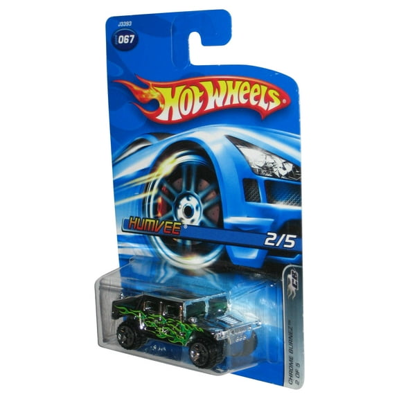 Hot Wheels Chrome Burnez 2/5 Silver Humvee Green Flame Deco Toy Car #067