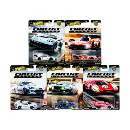 Hot Wheels Circuit Legends Die-Cast Cars Collection, 5-Pack Racing Set, Porsche and Ferrari Models FPY86-961K
