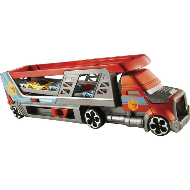 Hot Wheels City Blastin' Rig Hauler & 3 Toy Cars in 1:64 Scale, Launcher & Storage (4 Vehicles)