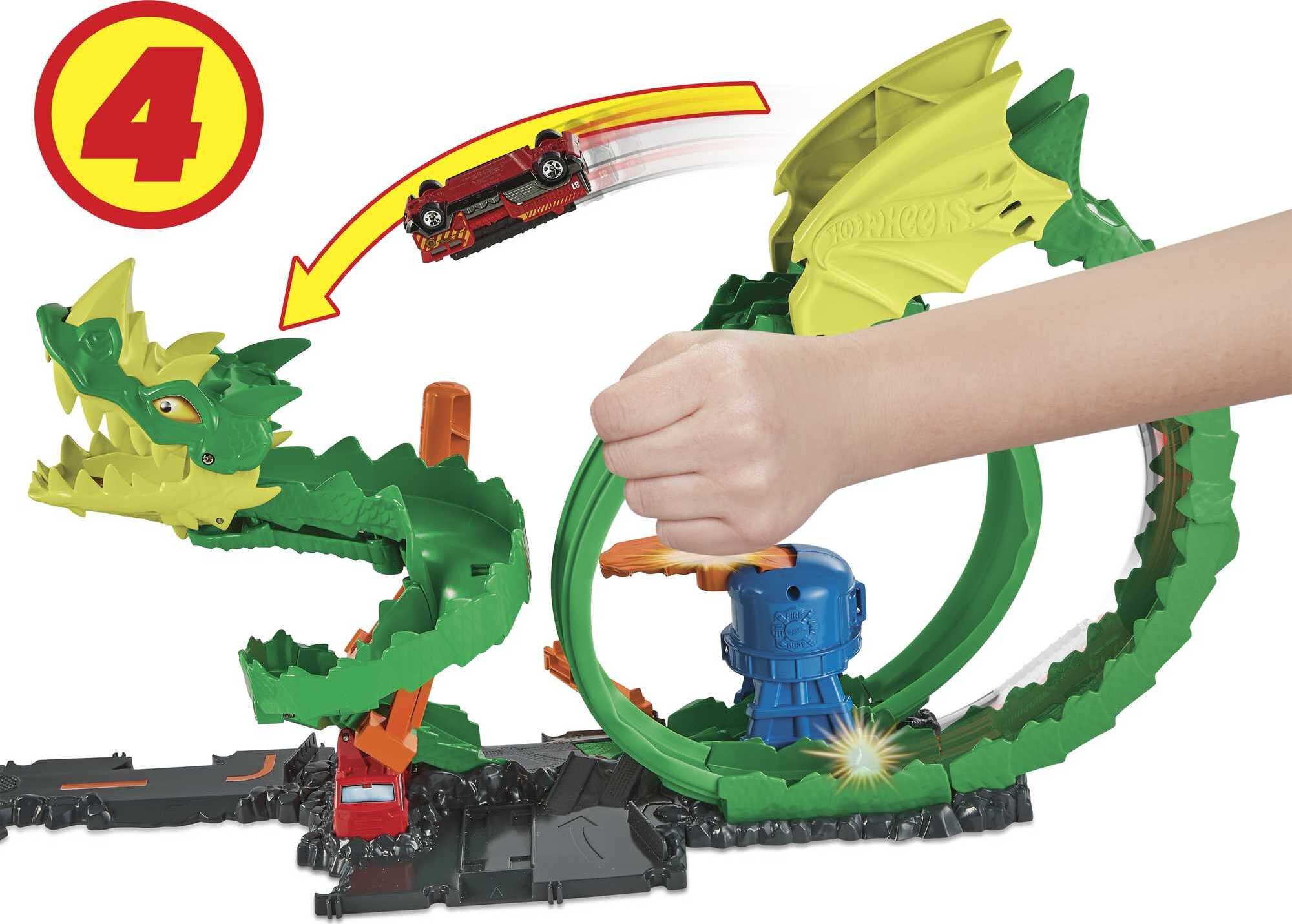 Hot Wheels City Dragon Drive Firefight Track Set & 1:64 Scale Toy  Firetruck, Fire Station Theme 