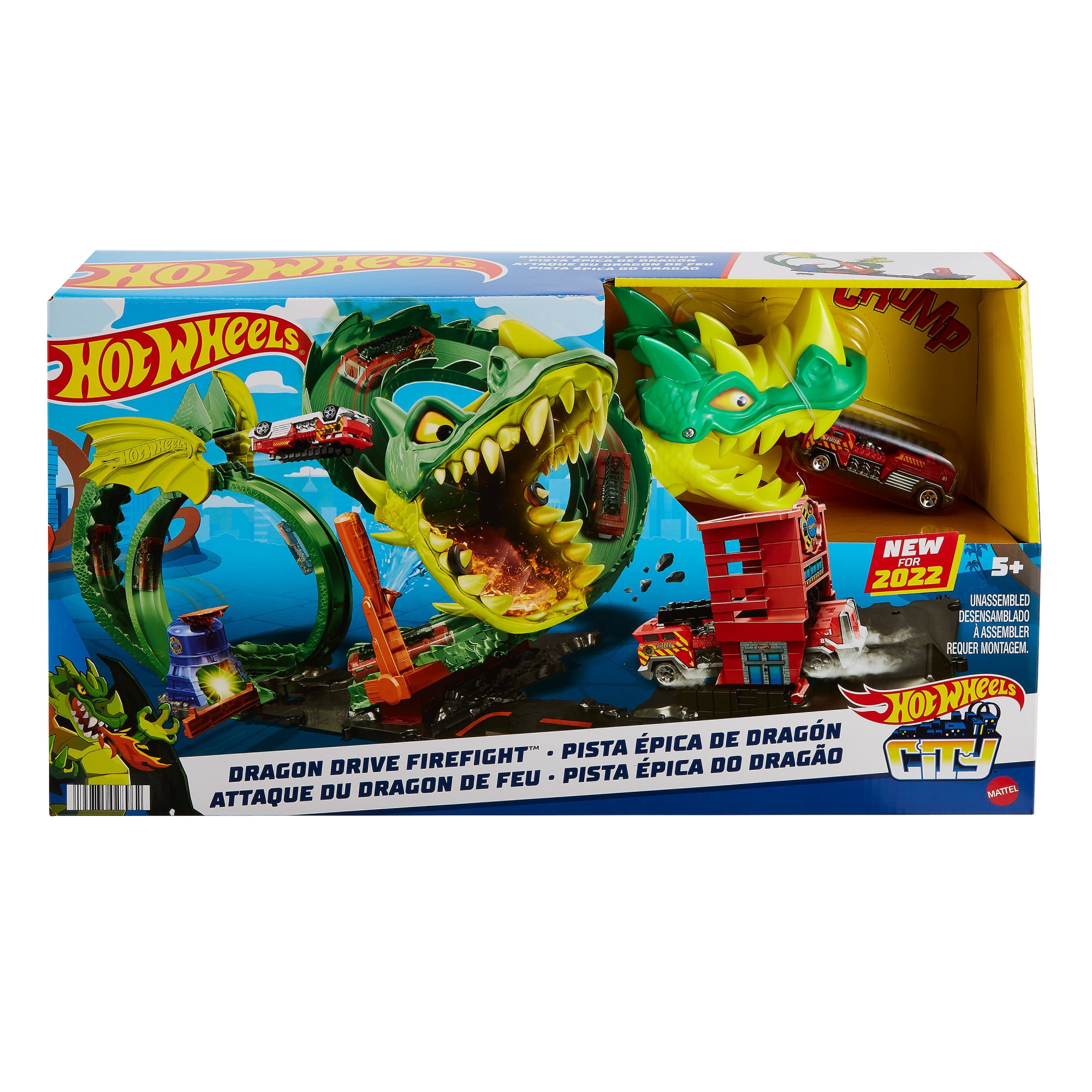 Hot Wheels City Dragon Drive Firefight Track Set \u0026 1:64 Scale Toy Firetruck, Fire Station Theme