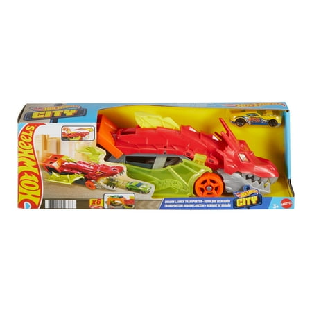 Hot Wheels City Dragon Launch Transporter, Spits Cars From Its Mouth, Gift for Kids 3 Years & up