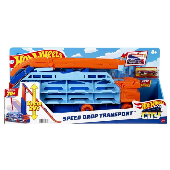 Hot Wheels City Speed Drop Transport Hauler with 1 Toy Car, Stores 20+ 1:64 Scale Vehicles