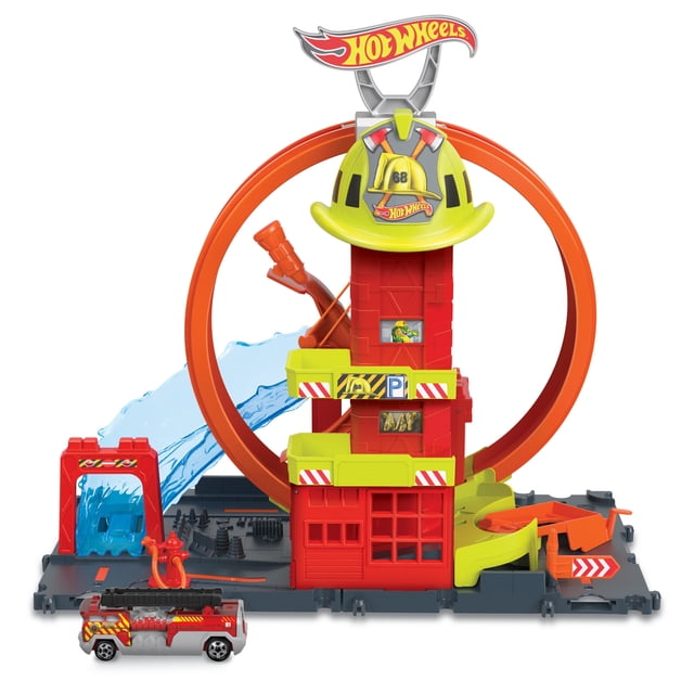 Hot Wheels City Super Loop Fire Station Playset & 1 Toy Firetruck in 1:64 Scale