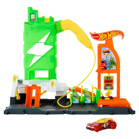 Hot Wheels City Super Recharge Fuel Station with 1:64 Scale Toy Car