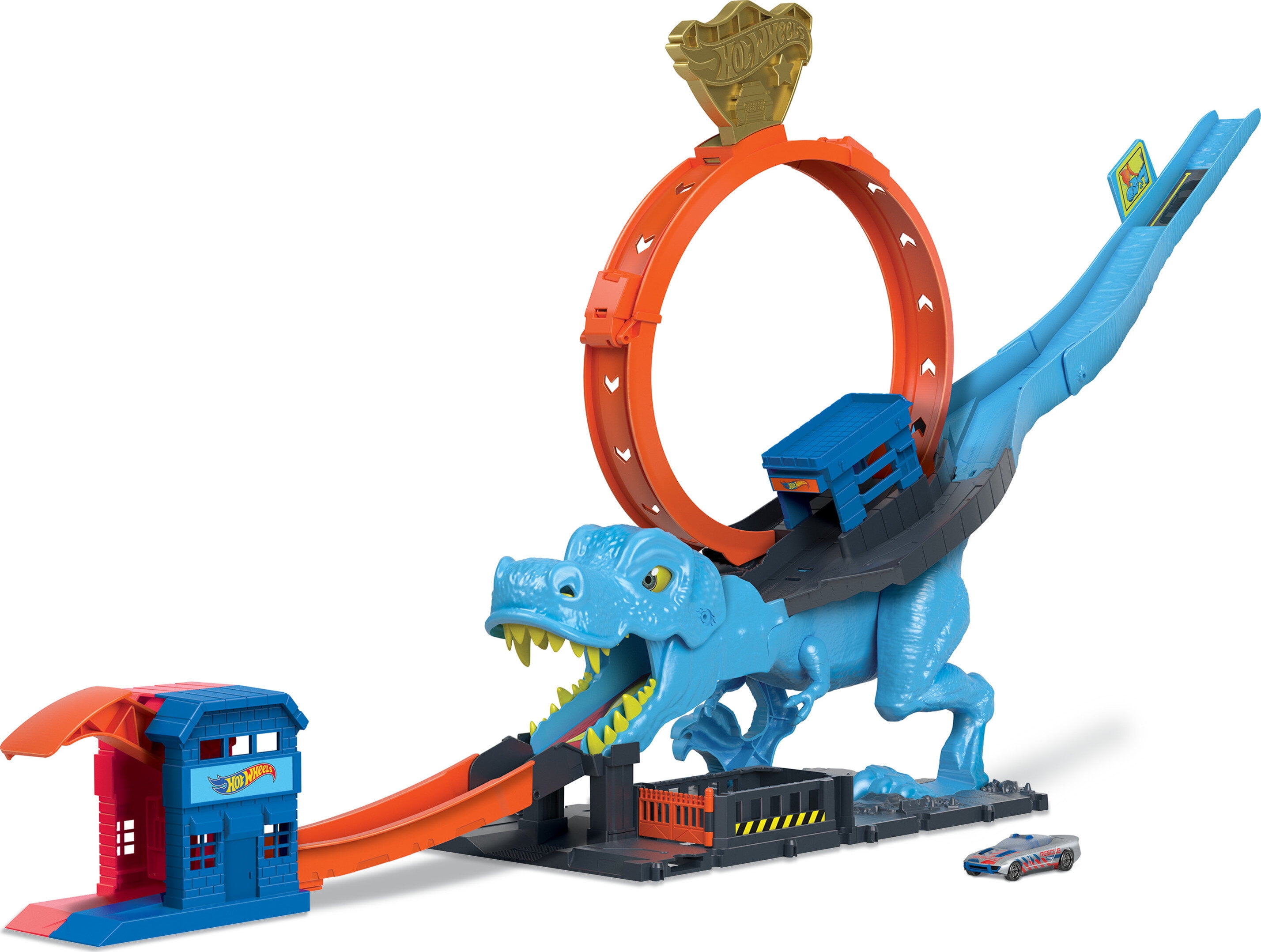 Hot Wheels City Ultimate Hauler, Transforms into a T-Rex with Race Track,  Stores 20+ Cars, 4Y+, Blue 