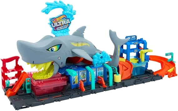 Hot Wheels City Toy Car Track Set, Ultra Shark Car Wash with 1:64 Scale Color Reveal Toy Vehicle, Repeat Color-Change Feature, Storage Exclusive
