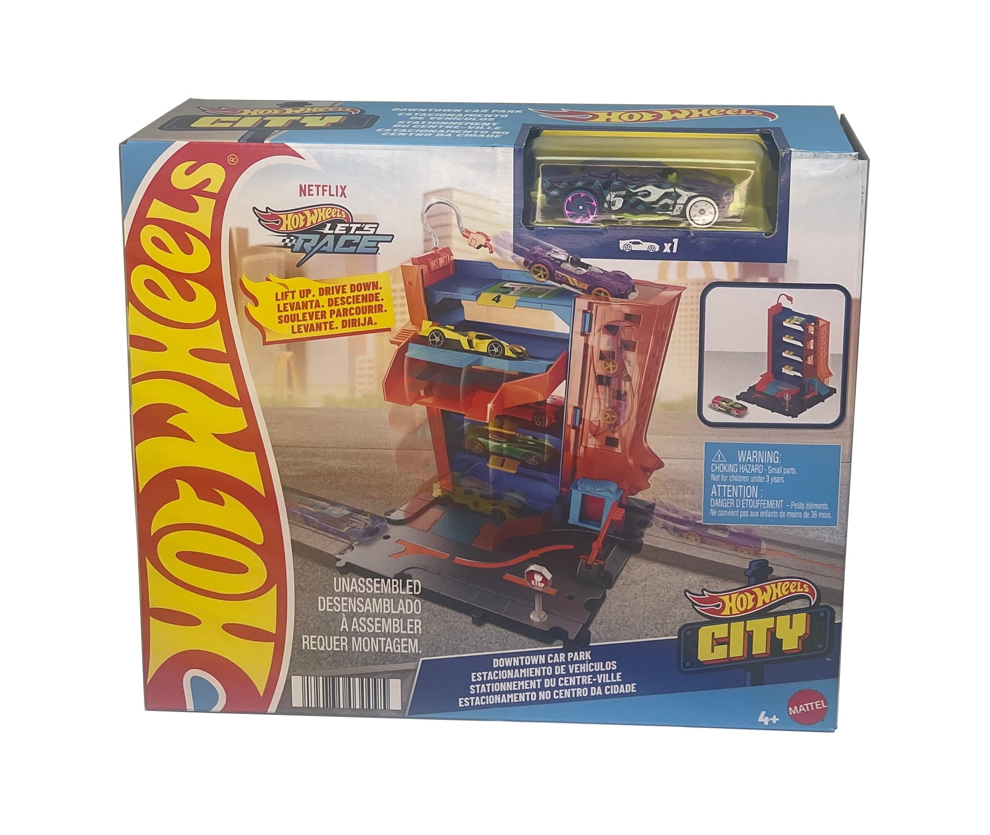 Hot Wheels City Toy Track Set, Downtown Car Park Playset with 1:64 Scale Vehicle, 4 Levels, Working Lift & Exit Chute