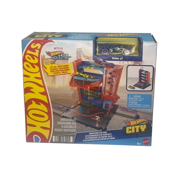 Hot Wheels City Toy Track Set, Downtown Car Park Playset with 1:64 Scale Vehicle, 4 Levels, Working Lift & Exit Chute