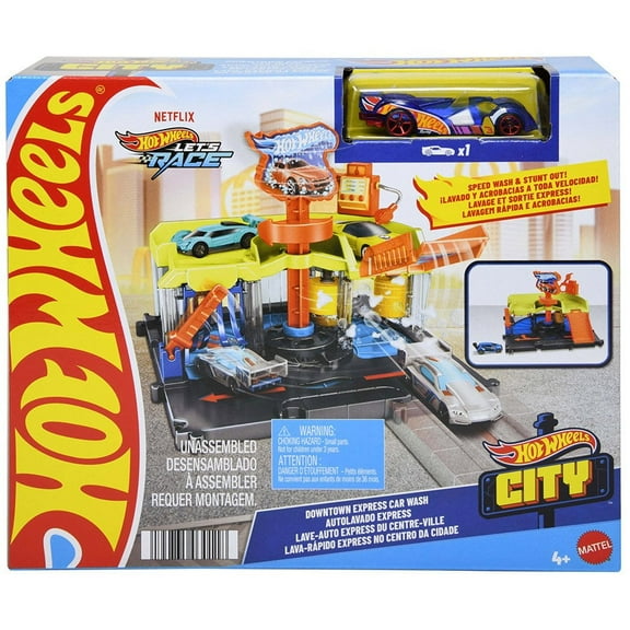 Hot Wheels City Toy Track Set, Downtown Express Car Wash Playset with 1:64 Scale Vehicle, Foam Roller & Drying Flaps