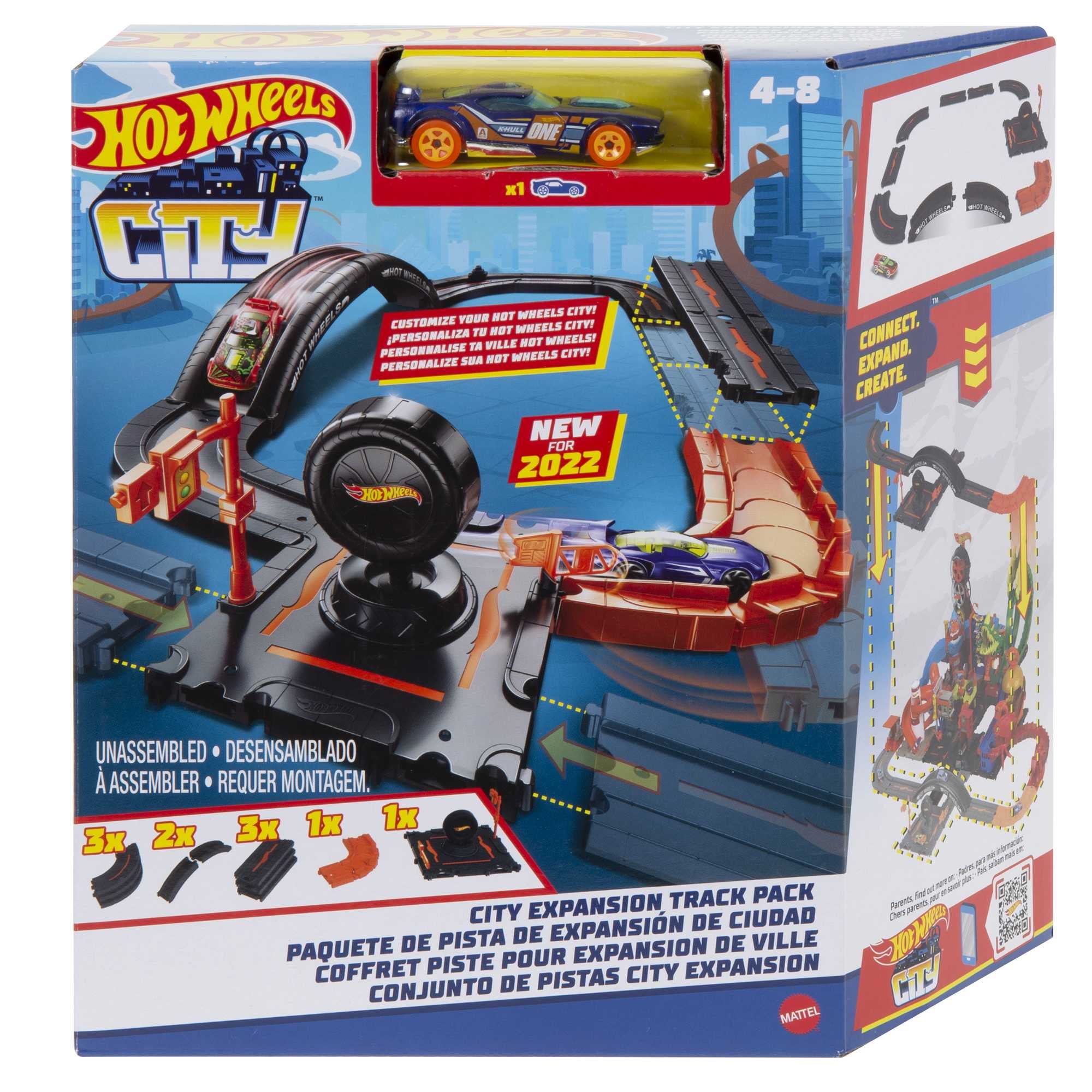 Hot Wheels City Track Pack, Set of 10 Basic Track Pieces with 1:64 Scale Toy Car, 20.63 in